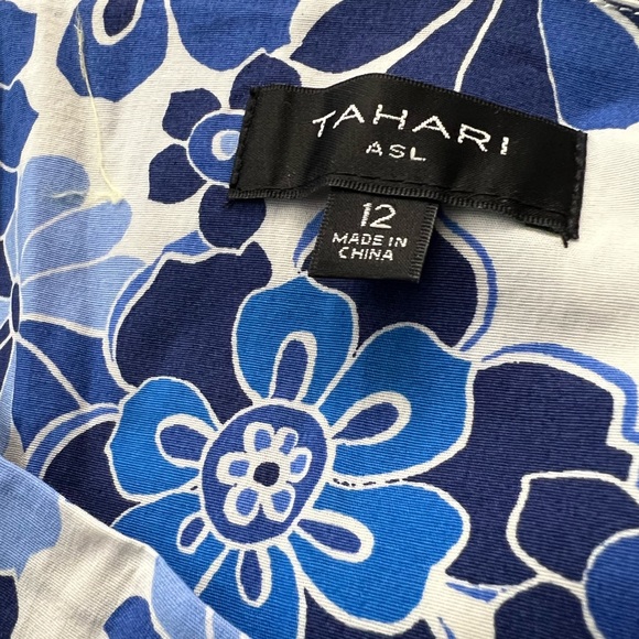 Tahari ASL Floral Ruffle Strap Blue White Casual Retro Open back Mini Midi Dress - Picture 5 of 11